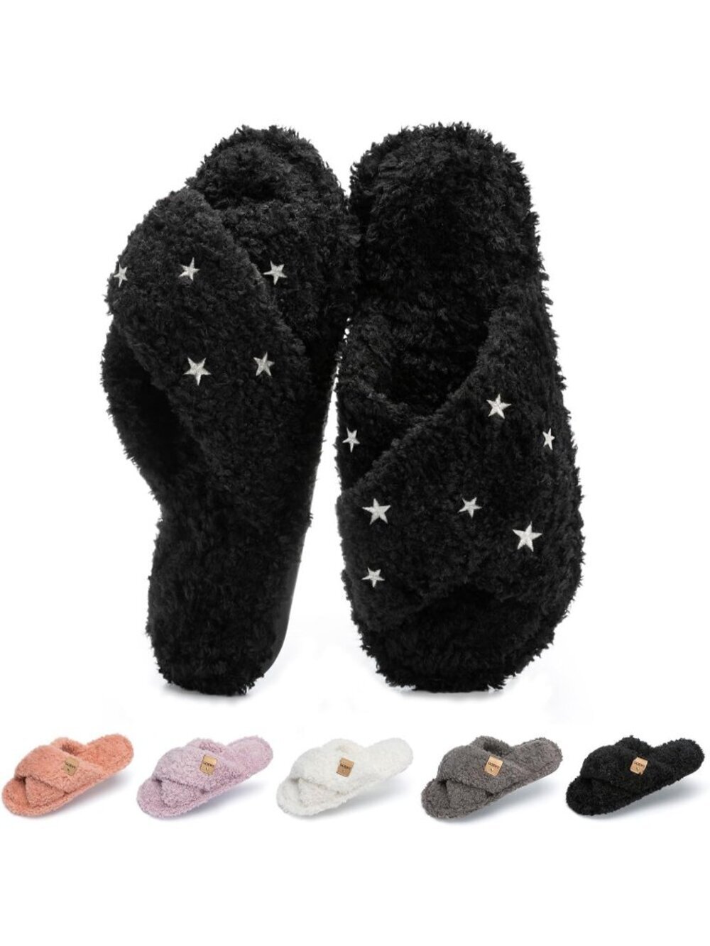 Women's Black Star Cross Band Indoor and Outdoor Fuzzy Open Toe Slipper Shoes